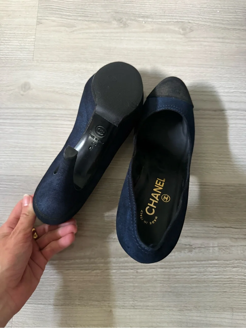 CHANEL Navy Suede Pumps with Black Cap Toe